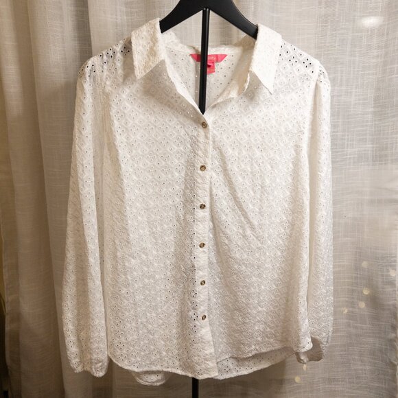 Lilly Pulitzer Eyelet Button Down Blouse XL | Coastal Resort Spring Top - Picture 3 of 12
